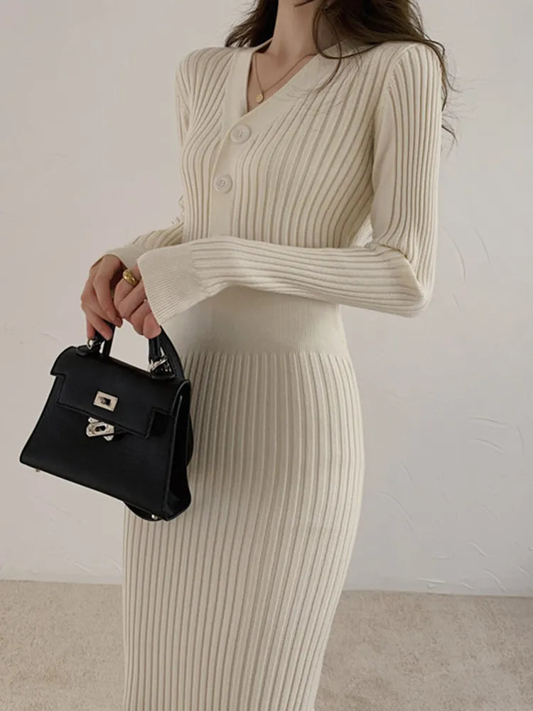 V Neck Casual Pullover Sweater Dress