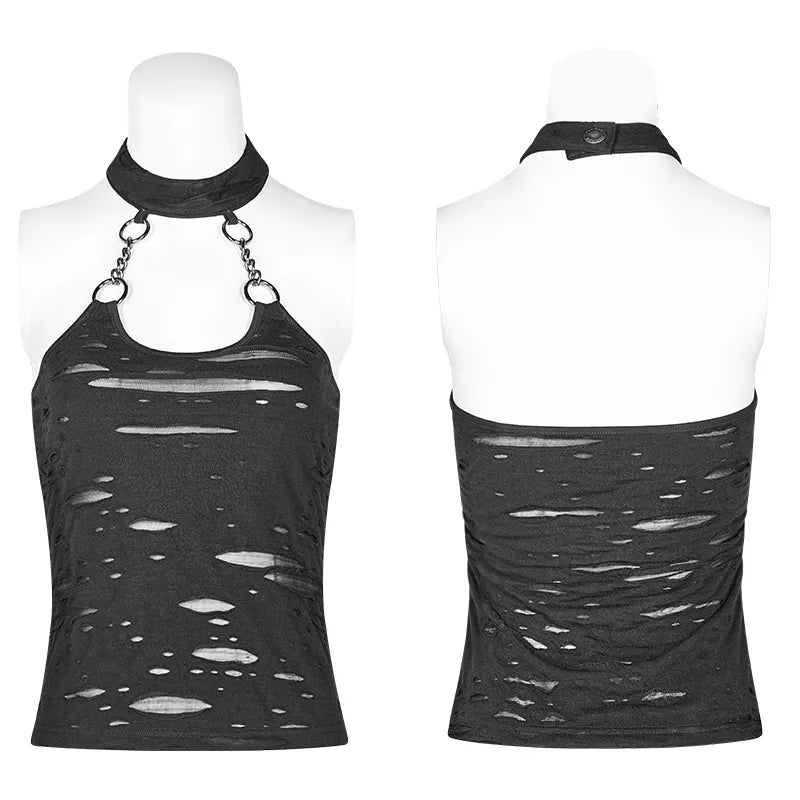 PUNK RAVE Women's Gothic Post Apocalyptic Black Chained Halter Top
