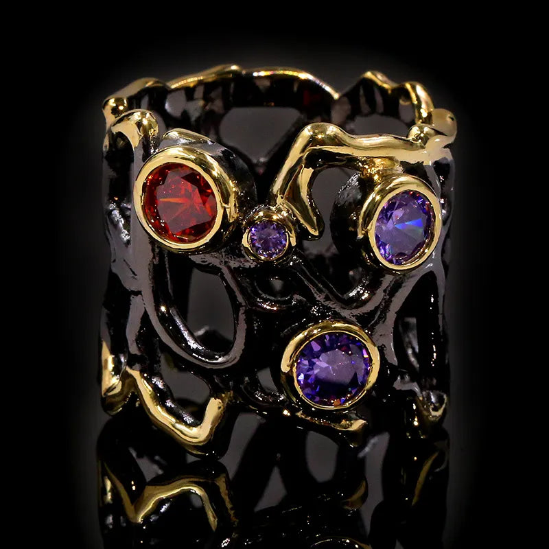 Black gold-plated color stone hollow ring