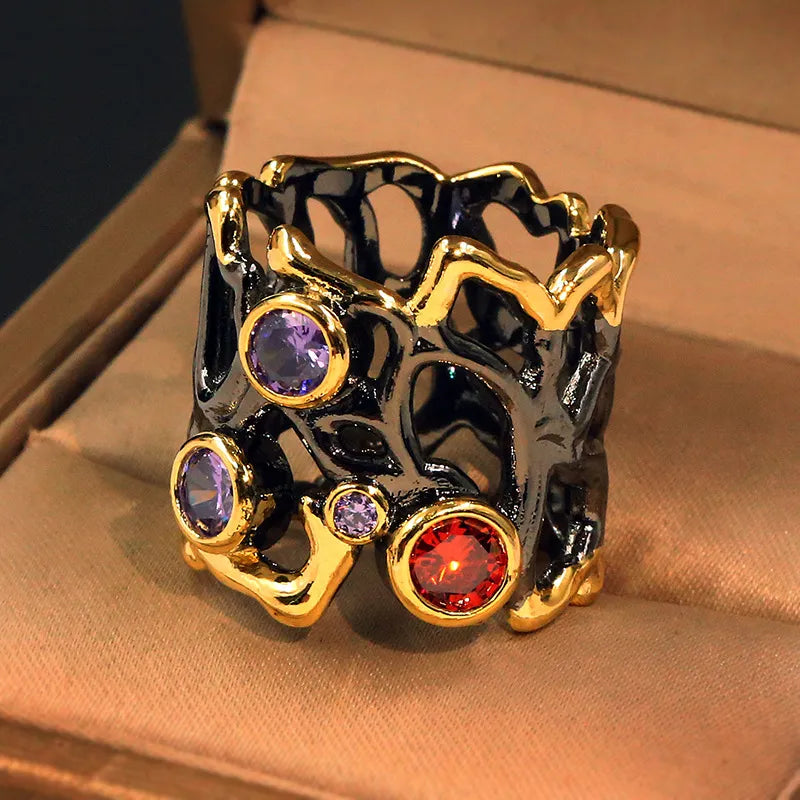 Black gold-plated color stone hollow ring