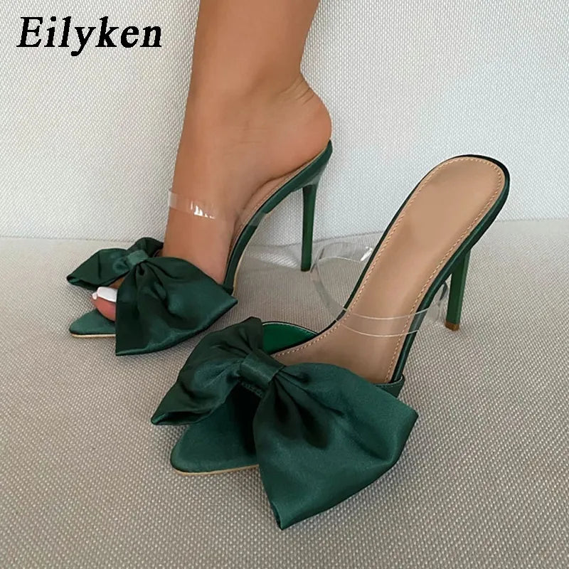 Eilyken Silk Butterfly-knot Slippers with Mule High Heels and Pointed toe