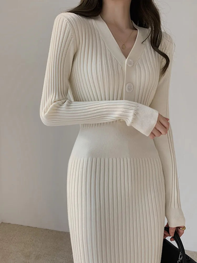 V Neck Casual Pullover Sweater Dress