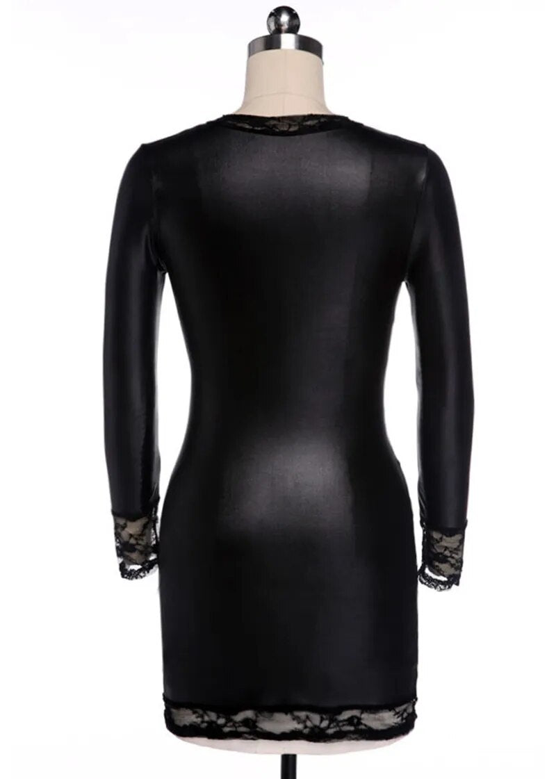 Latex and Leather Leotard Lace Mesh Dress