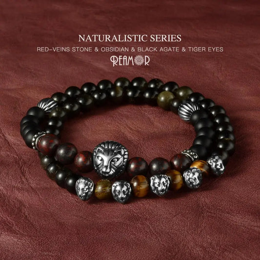 REAMOR Lion Multi-layer Natural Stone Elastic Stainless Steel Animal Beaded Bracelets