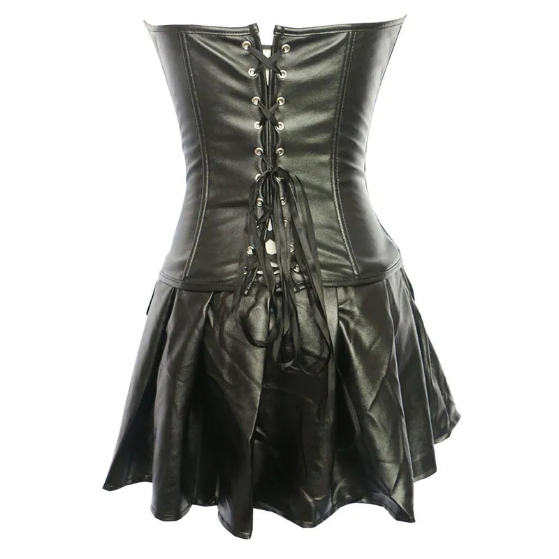 Women Black Faux Leather Burlesque Steampunk Corset (Gothic)