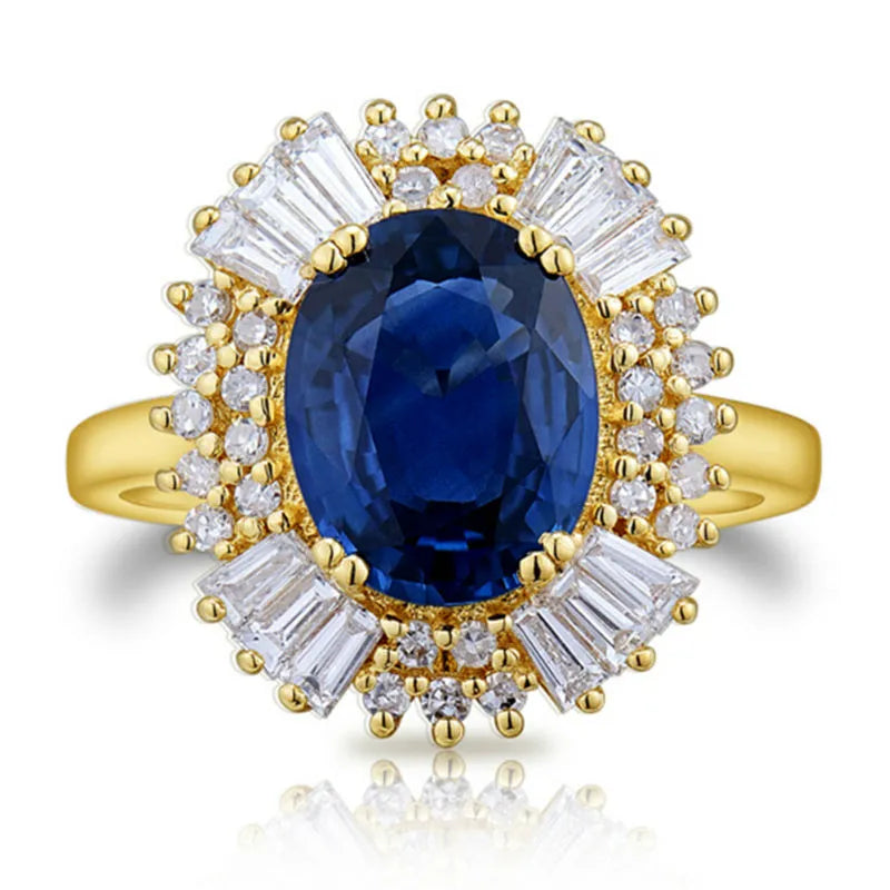 LANMI Oval 8x10mm 14K Yellow Gold Diamond and Natural Sapphire Ring