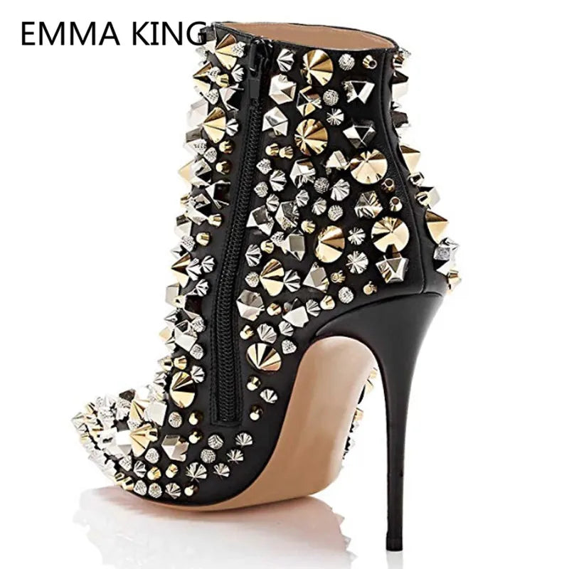 Pointed Toed Rivet Studded Ankle Boots