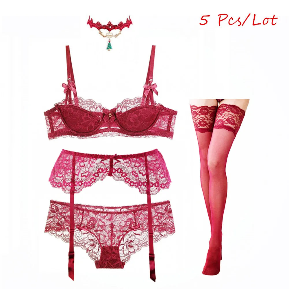 Red Women's Lace Lingerie set with bra, panties, garter, stockings and necklace.