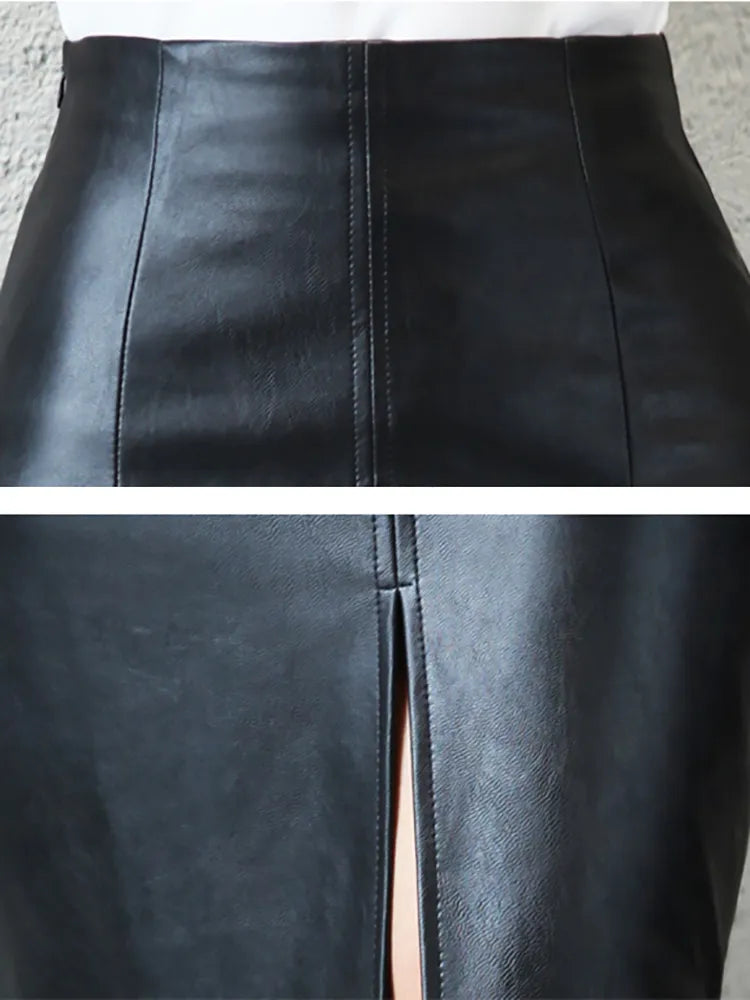 Aachoae Black Leather Knee length Pencil Skirt