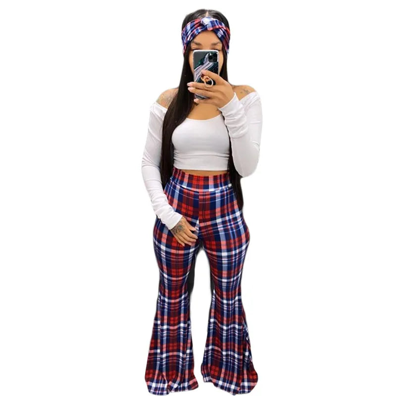3 Piece Women's Crop Top, Flared Pants, and Scarf Outfit.