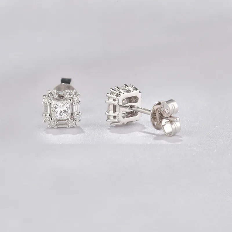 HELON Moissanite Earrings Solid 14k White Gold Princess Square Lab Grown Diamond Moissanite Stud Earrings For Women Jewelry Gift