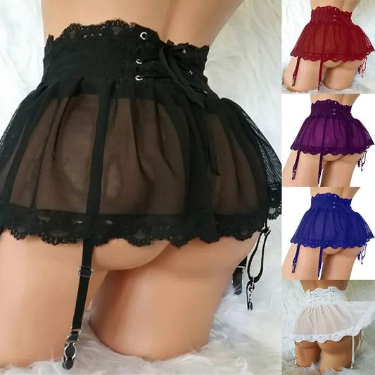 Women Stockings Suspenders with Garter Belt and Lace Mesh Skirt