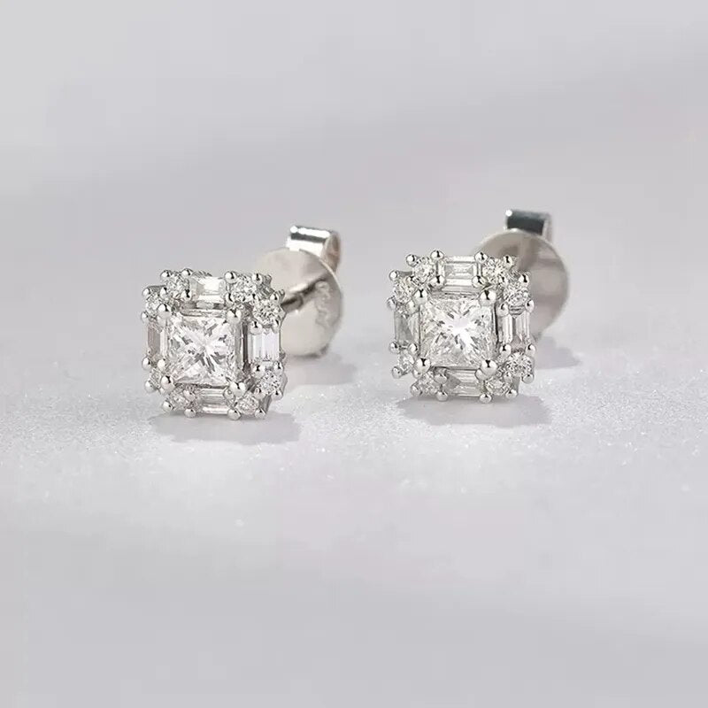 HELON Moissanite Earrings Solid 14k White Gold Princess Square Lab Grown Diamond Moissanite Stud Earrings For Women Jewelry Gift
