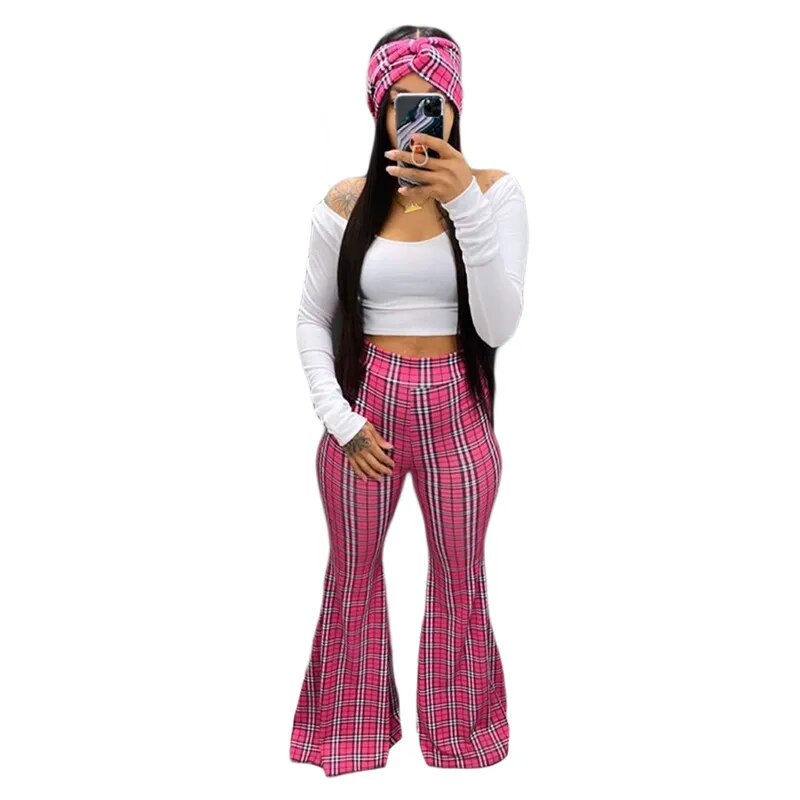 3 Piece Women's Crop Top, Flared Pants, and Scarf Outfit.