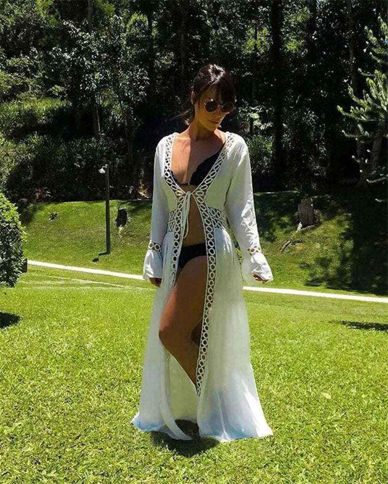 Kimono Cardigan Sexy Hollow Out Summer Dress White Tunic Bikini Cover Up